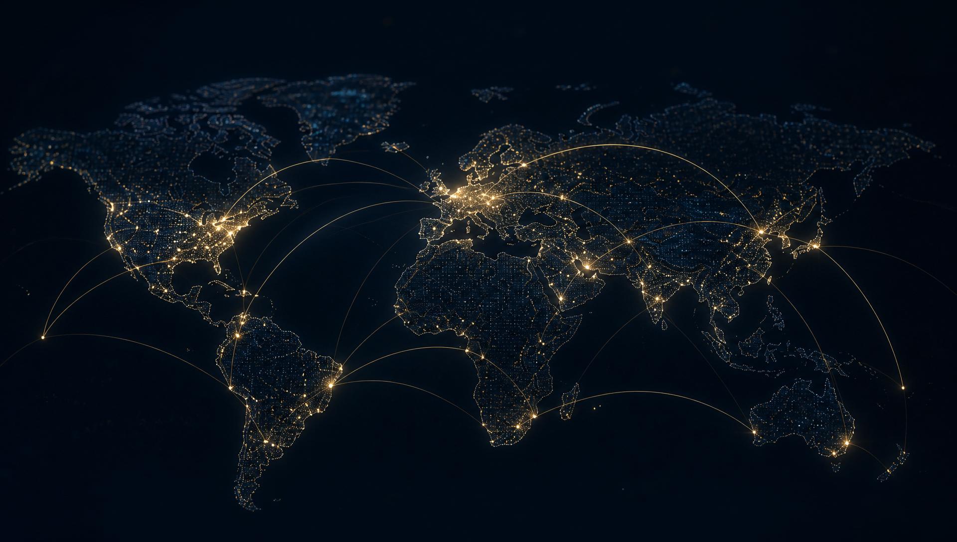 Illuminated world map with global trade routes